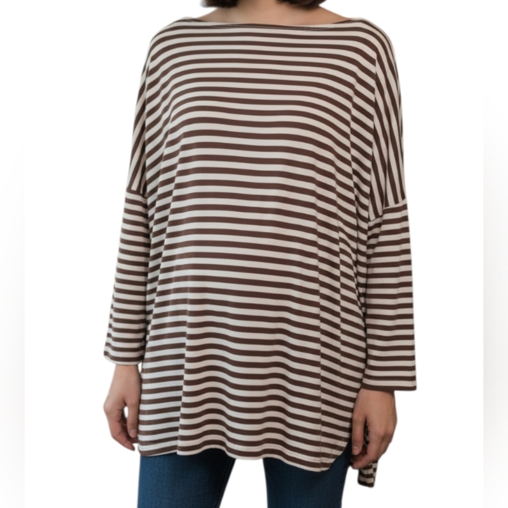 Hatch Brown and Cream Striped Long Sleeve Tee boatneck The Perfect Longsleeve